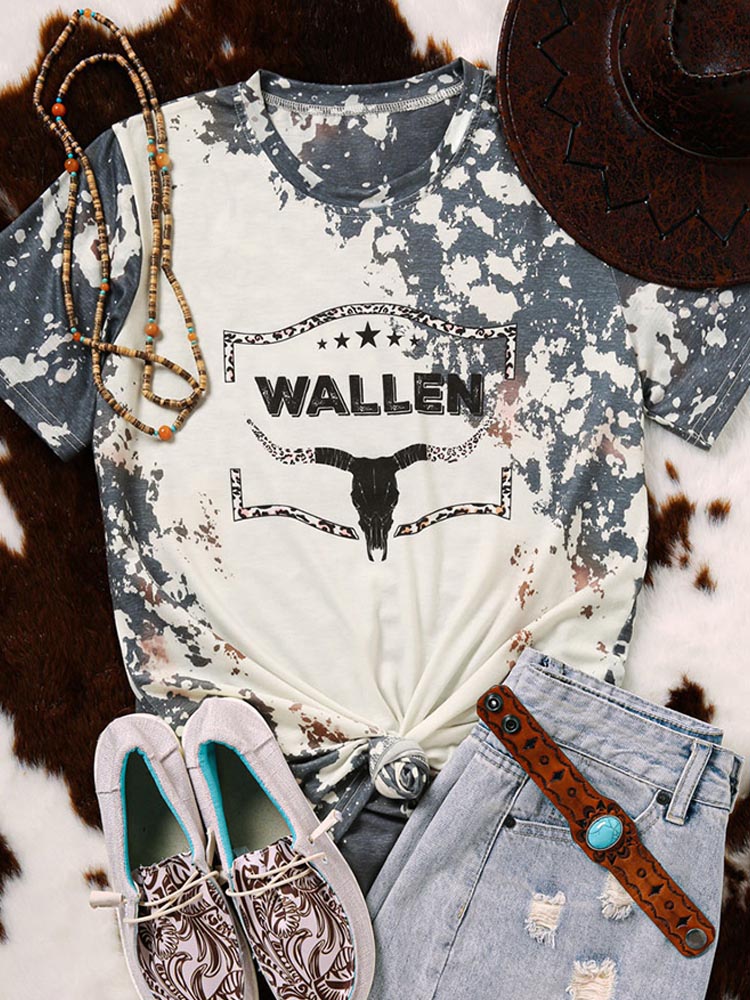 Western Bleached Casual T-Shirt Loose Short Sleeve for Women - myfunfarm