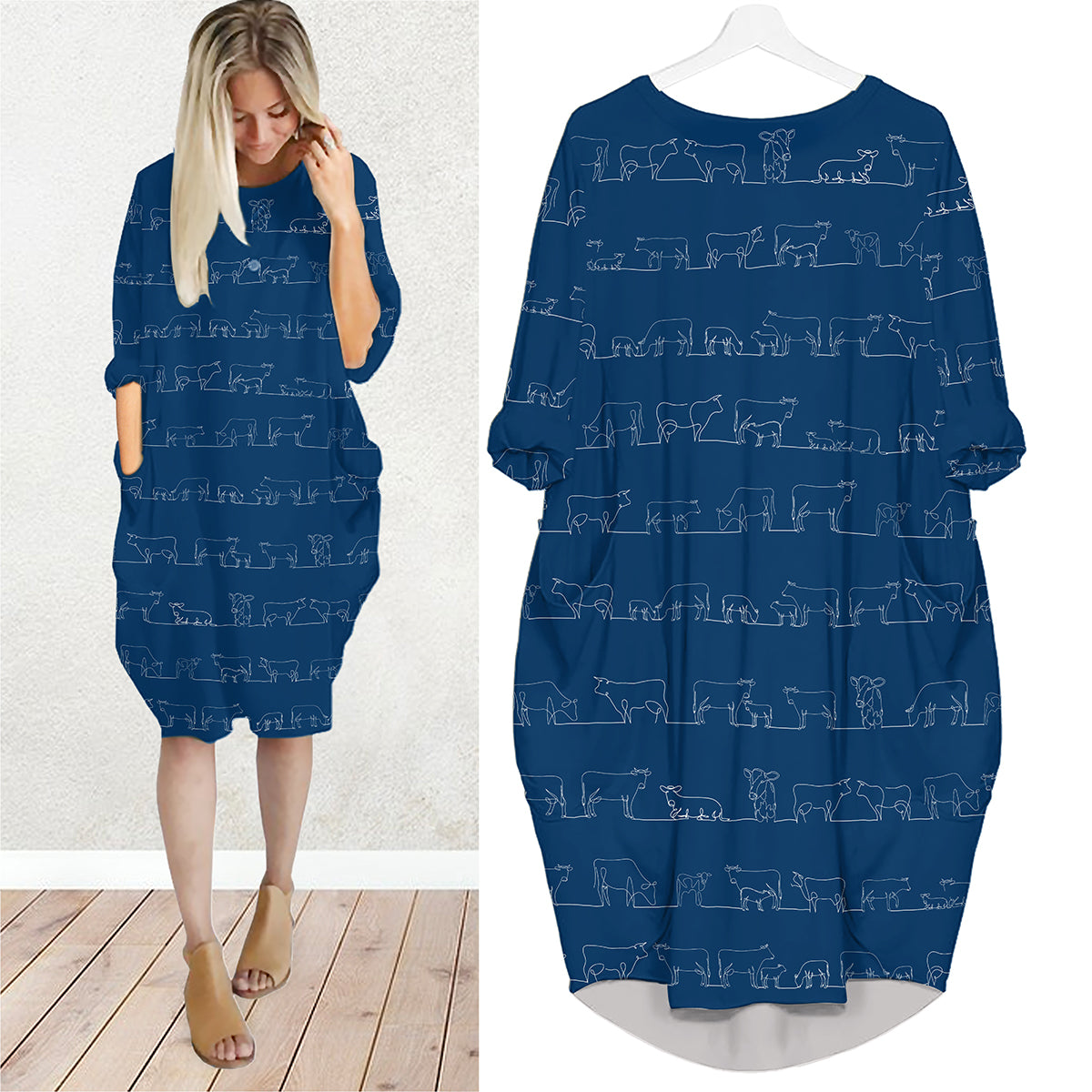 Cow line drawing - Batwing Pocket Dress Long Sleeve
