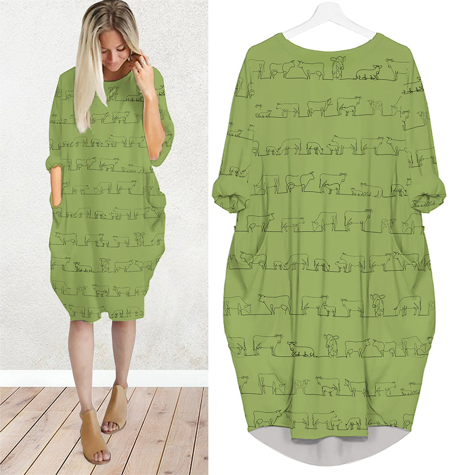 Cow line drawing - Batwing Pocket Dress Long Sleeve
