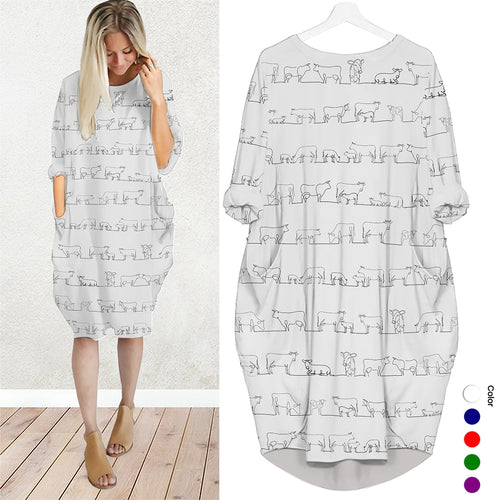 Cow line drawing - Batwing Pocket Dress Long Sleeve