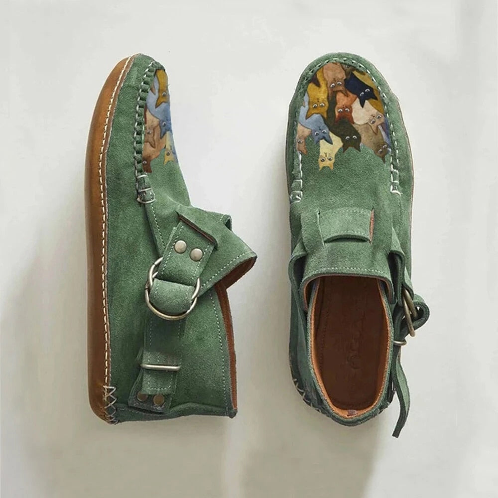 Cartoon Cat Printed Comfort Leather Button Casual Flat Ankle Boots - myfunfarm
