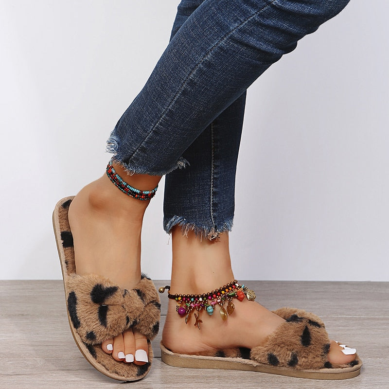 Women Slippers Winter Faux Fur  Cow Pattern - myfunfarm