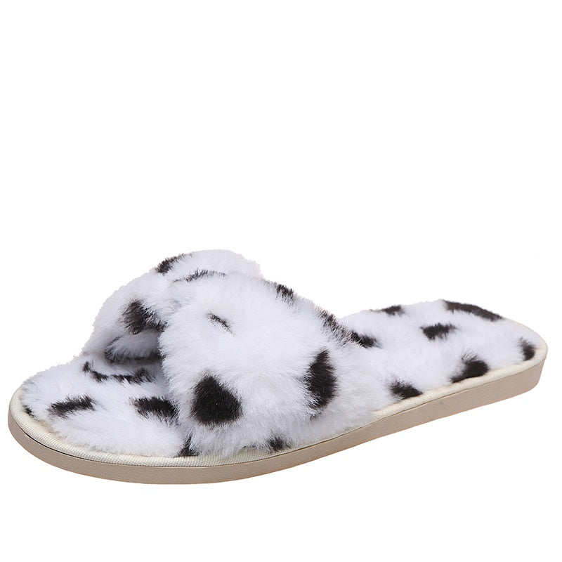 Women Slippers Winter Faux Fur  Cow Pattern - myfunfarm