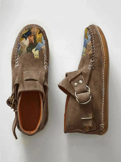 Cartoon Cat Printed Comfort Leather Button Casual Flat Ankle Boots - myfunfarm