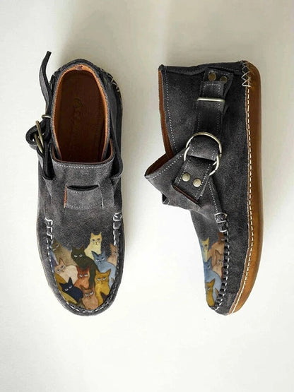 Cartoon Cat Printed Comfort Leather Button Casual Flat Ankle Boots - myfunfarm