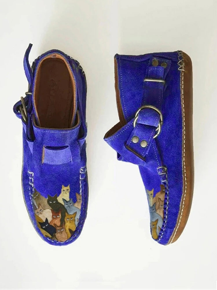Cartoon Cat Printed Comfort Leather Button Casual Flat Ankle Boots - myfunfarm