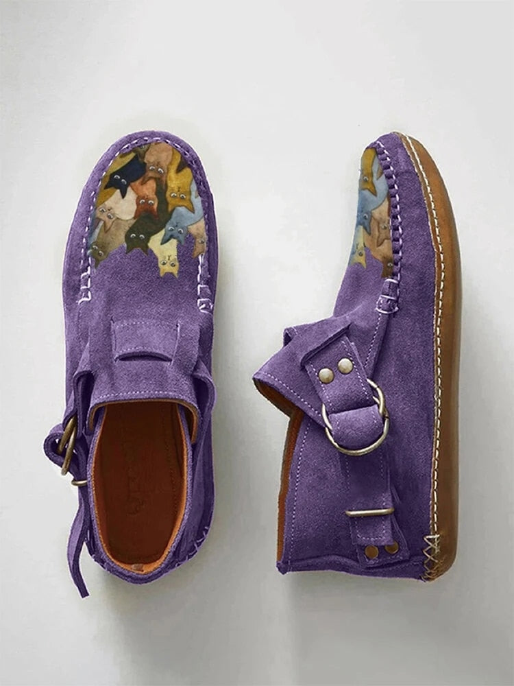 Cartoon Cat Printed Comfort Leather Button Casual Flat Ankle Boots - myfunfarm