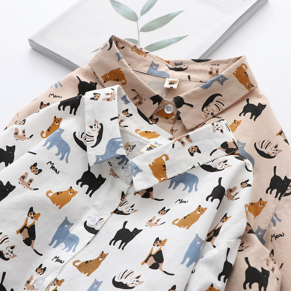Cute cat cartoon pattern long-sleeved Blouse tops shirts for women