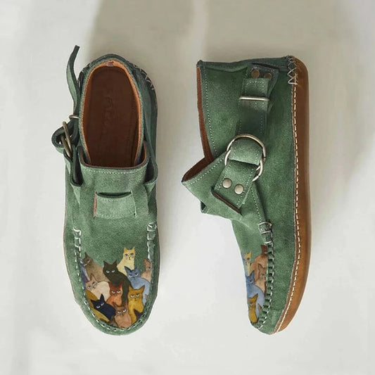 Cartoon Cat Printed Comfort Leather Button Casual Flat Ankle Boots - myfunfarm