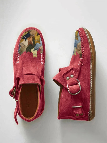 Cartoon Cat Printed Comfort Leather Button Casual Flat Ankle Boots - myfunfarm