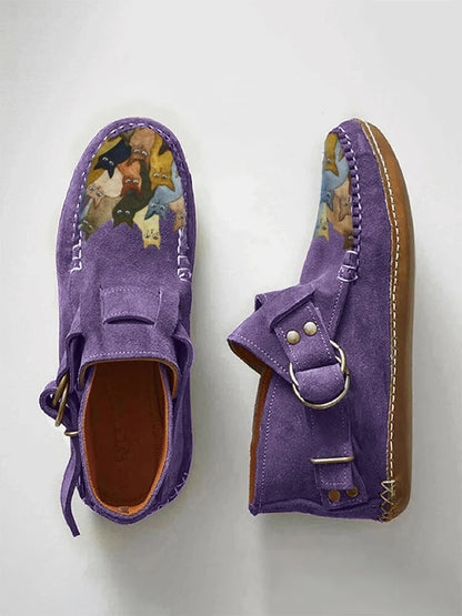 Cartoon Cat Printed Comfort Leather Button Casual Flat Ankle Boots - myfunfarm