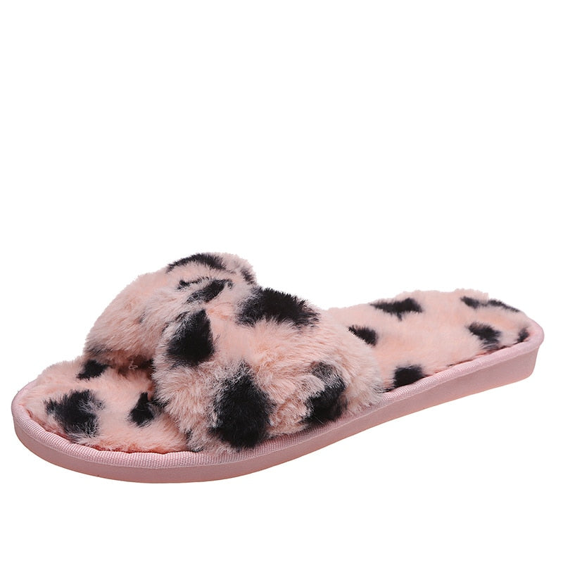Women Slippers Winter Faux Fur  Cow Pattern - myfunfarm