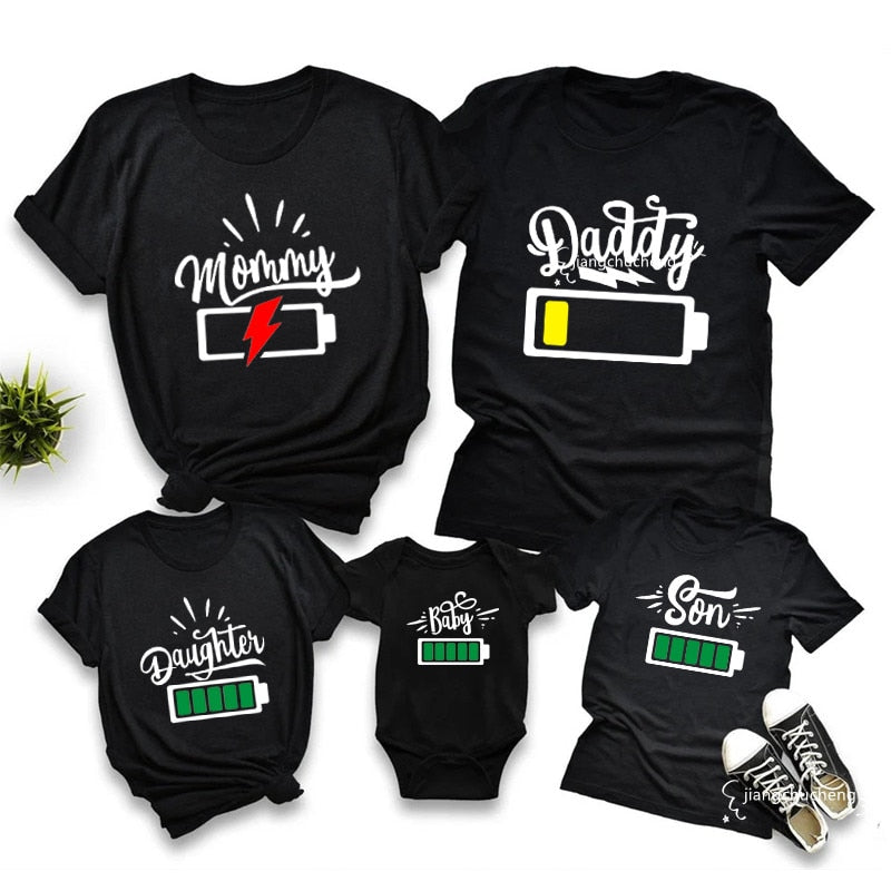 Battery Print Daddy Mommy Daughter Son Family Matching Clothes - myfunfarm