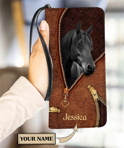 Personalized name-Long Wallet Ladies Brown Vintage  Black Horse - myfunfarm