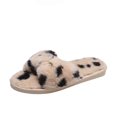 Women Slippers Winter Faux Fur  Cow Pattern - myfunfarm