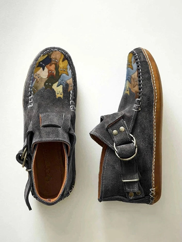 Cartoon Cat Printed Comfort Leather Button Casual Flat Ankle Boots - myfunfarm