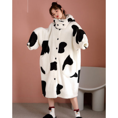Cute Cow pattern Women Autumn Winter Fleece Gown Hooded Long Warm