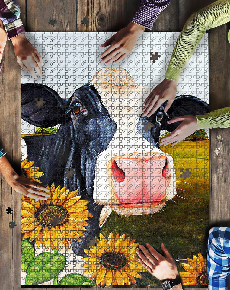 Cow and sunflowers  print Puzzle 500pcs and 1000pcs - myfunfarm - clothing acceessories shoes for cow lovers, pig, horse, cat, sheep, dog, chicken, goat farmer