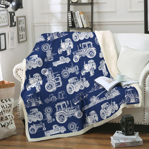 Tractor pattern white and blue, red, green  - Lightweight Fleece Blanket, Quilt