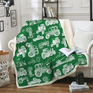 Tractor pattern white and blue, red, green  - Lightweight Fleece Blanket, Quilt