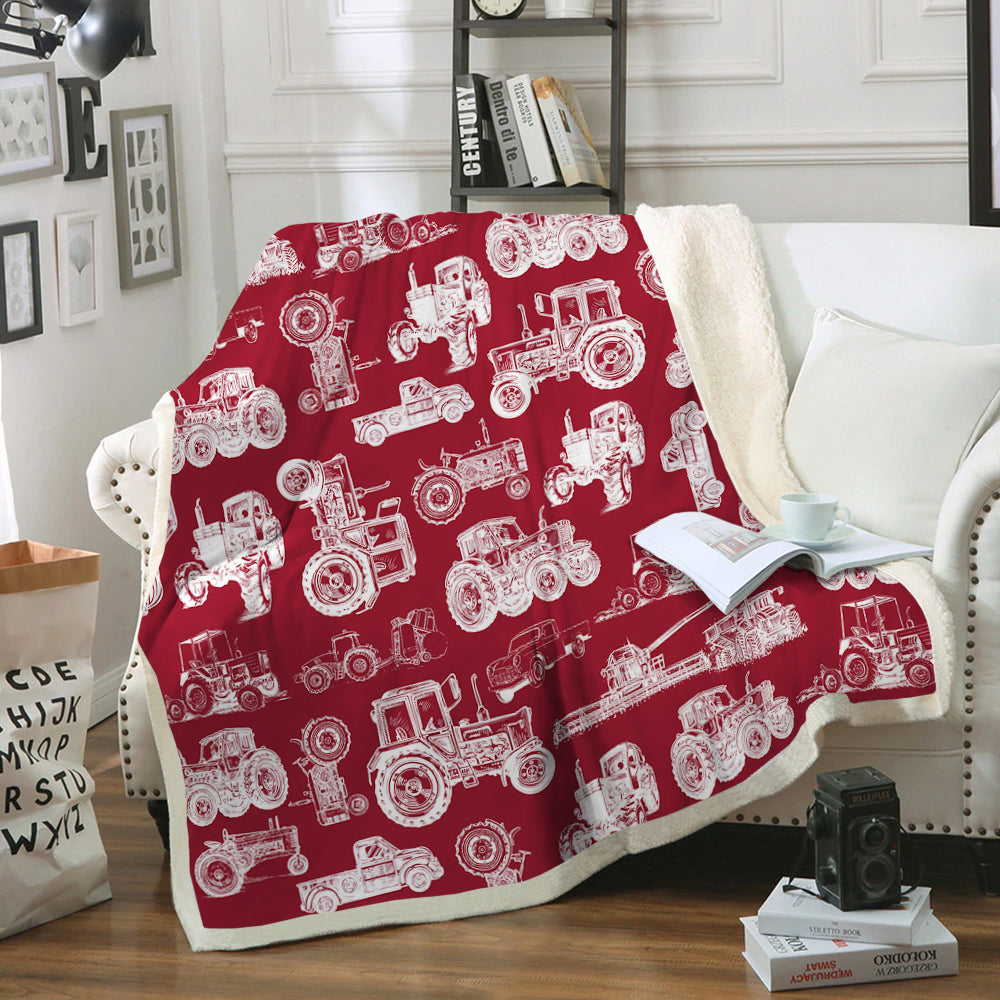 Tractor pattern white and blue, red, green  - Lightweight Fleece Blanket, Quilt