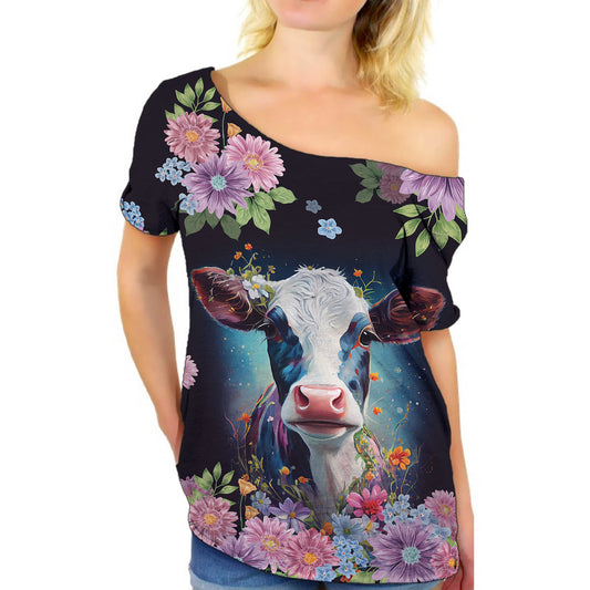 Cute cow design - Women's Off the shoulder T-shirt - myfunfarm