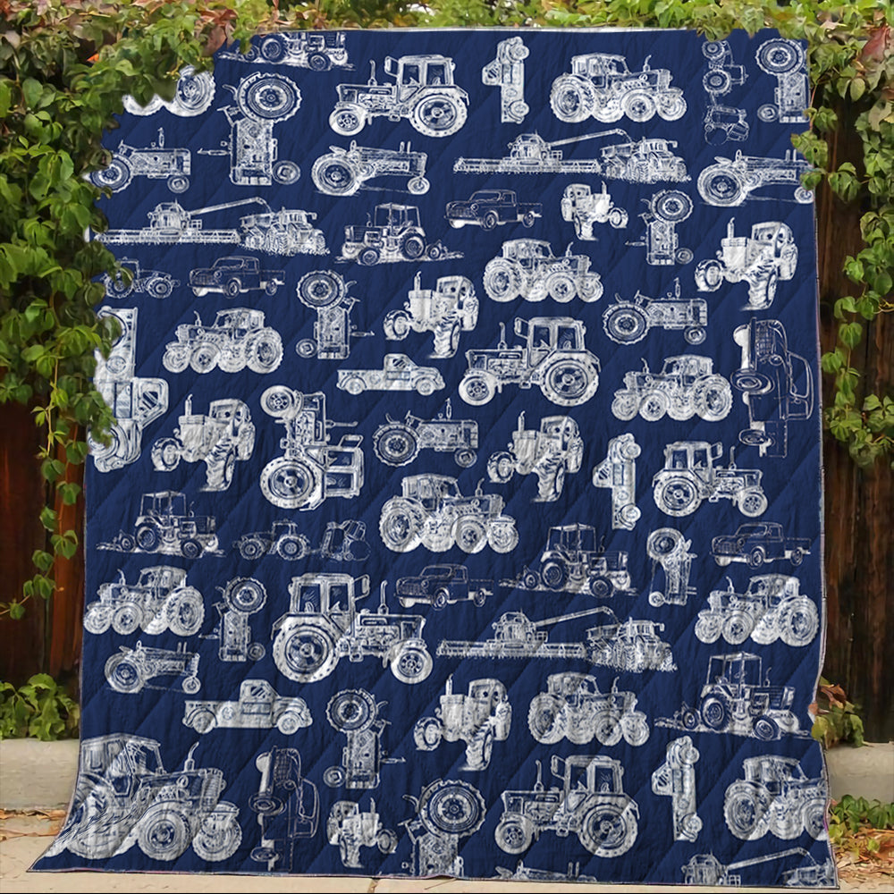 Tractor pattern white and blue, red, green  - Lightweight Fleece Blanket, Quilt