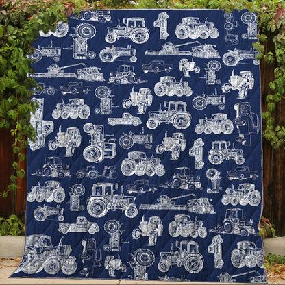 Tractor pattern white and blue, red, green  - Lightweight Fleece Blanket, Quilt