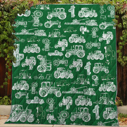Tractor pattern white and blue, red, green  - Lightweight Fleece Blanket, Quilt