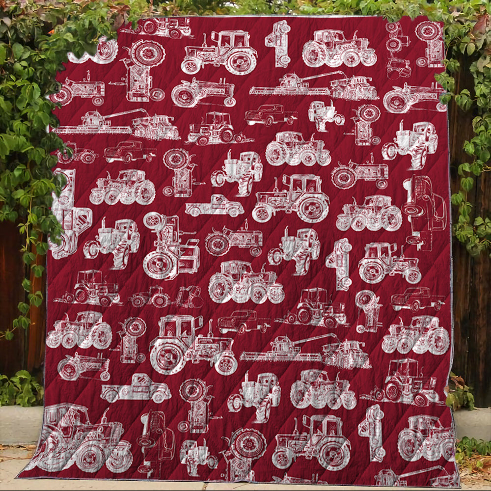 Tractor pattern white and blue, red, green  - Lightweight Fleece Blanket, Quilt