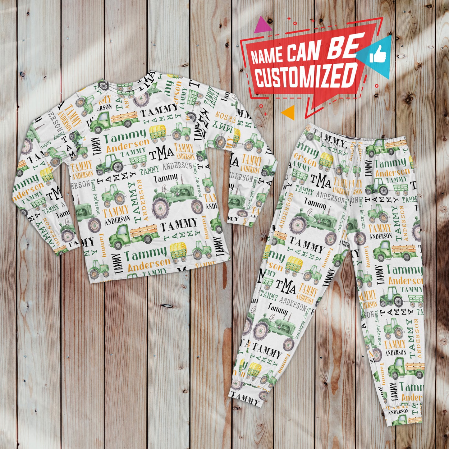 Personalized Kid Raglan Pajamas Set -Custom name tractor pattern - myfunfarm