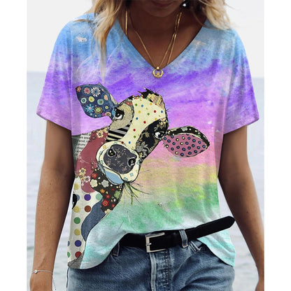 V-Neck T Shirt For Women-Cute Cow Print Oversized Shirt Sleeve Summer - myfunfarm