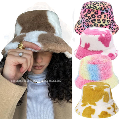 Cow pattern Bucket Hat Plush Panama Outdoor Keep Warm Autumn Winter