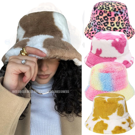 Cow pattern Bucket Hat Plush Panama Outdoor Keep Warm Autumn Winter