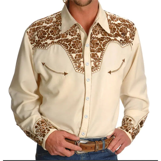 western long-sleeve lapel single -breasted shirt casual social men - myfunfarm