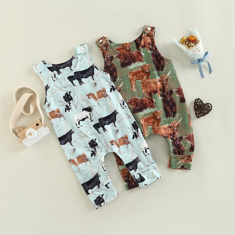 0-24M Baby Summer Casual Jumpsuit Sleeveless Cartoon Cattle Print