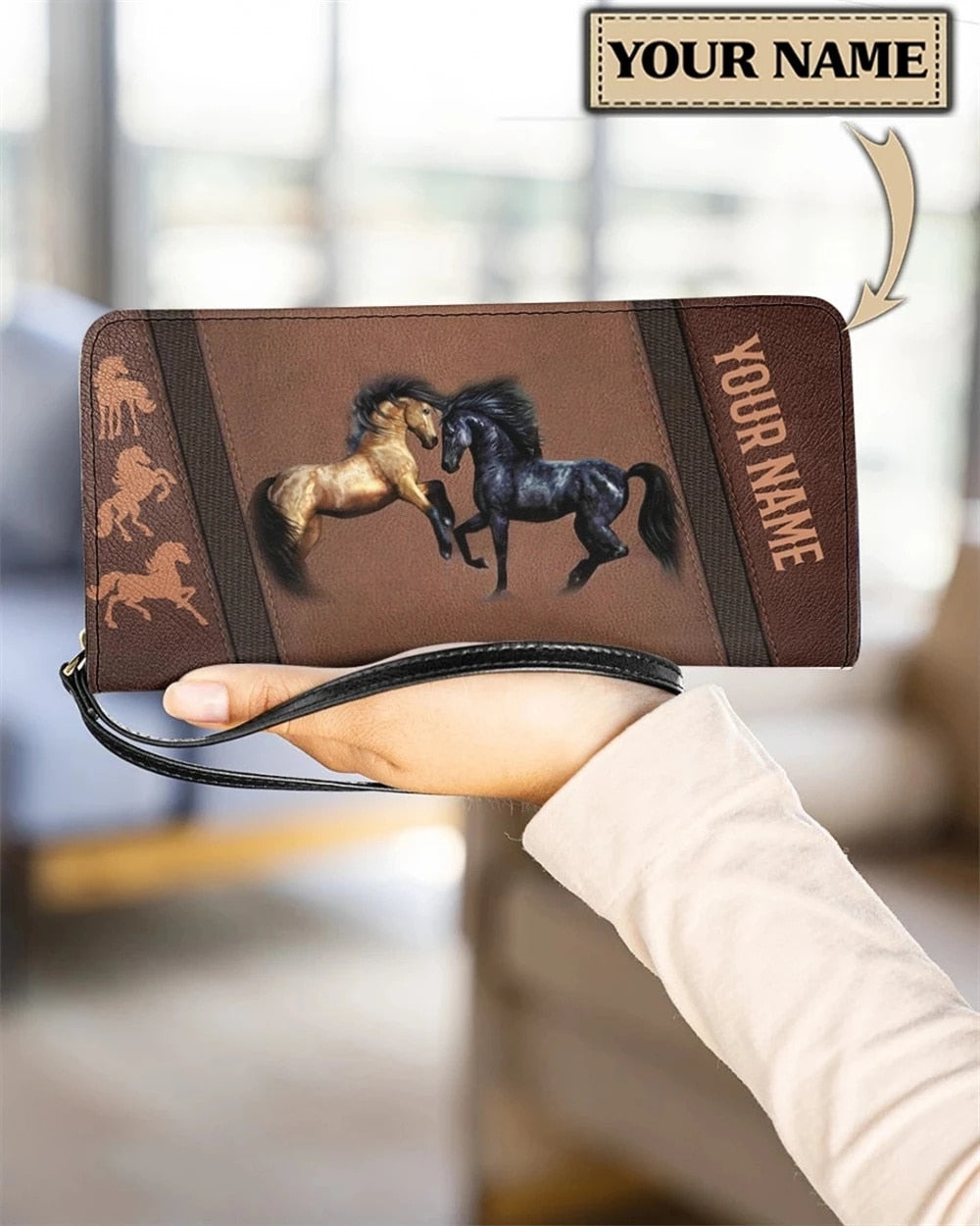 Personalized name-Long Wallet Ladies Brown Vintage  Black Horse - myfunfarm