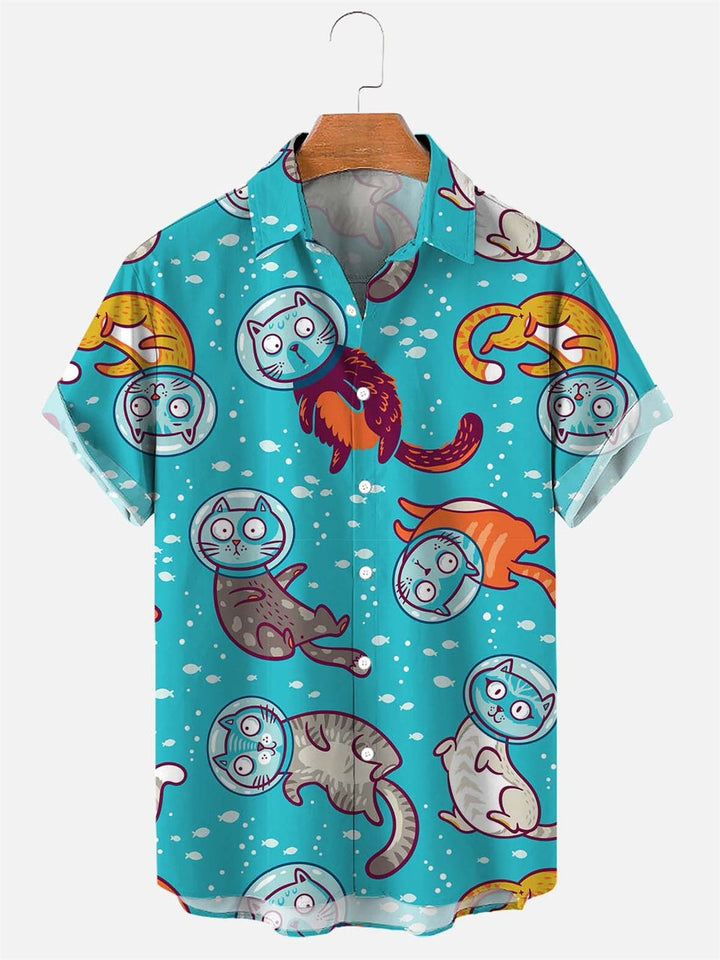Hawaiian Shirt Cute Cartoon Cat print