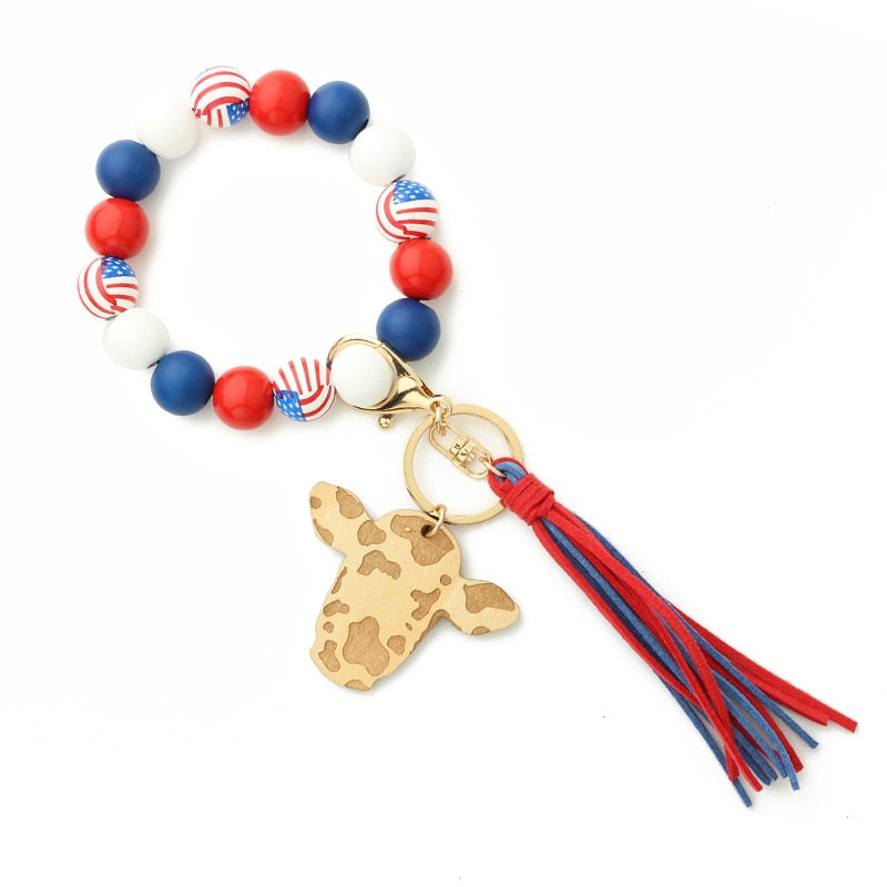 Cow Custom Beads Leather Tassel  Wooden Bead Bracelet gift for MAMA