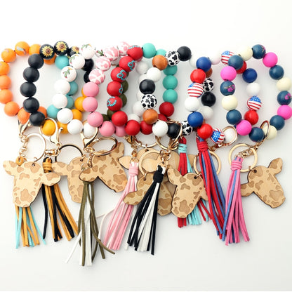Cow Custom Beads Leather Tassel  Wooden Bead Bracelet gift for MAMA