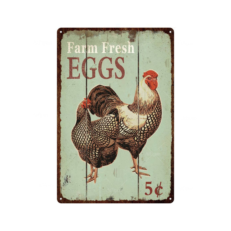 Fresh Eggs Metal Tin Sign Farm Home Wall Decor Happy Chicken Retro