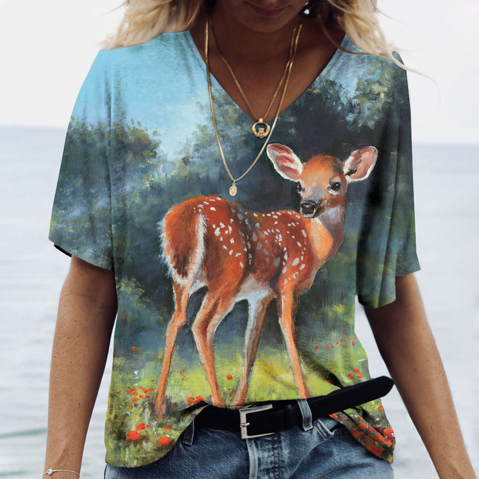 V-Neck T Shirt For Women-Cute Cow Print Oversized Shirt Sleeve Summer