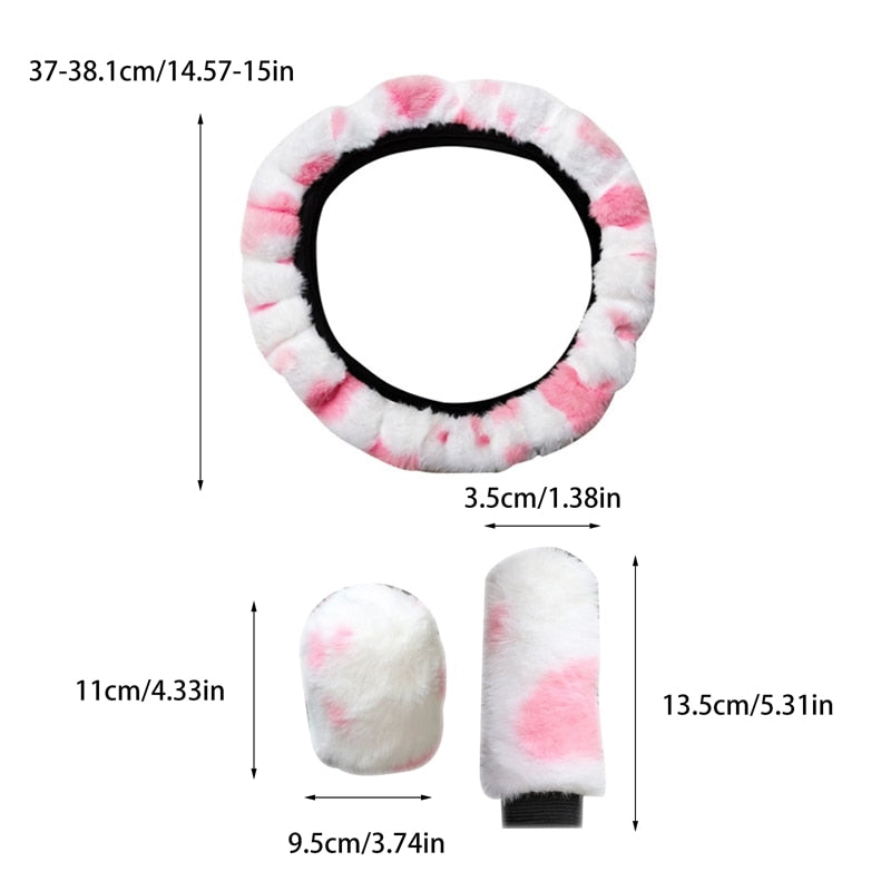 Cow Pattern Soft Plush Car Steering Wheel Cover, Hand Brake Gear Cover Set 37-38Cm - myfunfarm