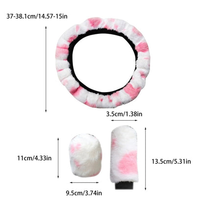 Cow Pattern Soft Plush Car Steering Wheel Cover, Hand Brake Gear Cover Set 37-38Cm - myfunfarm