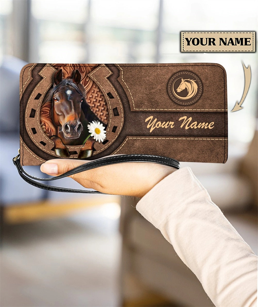 Personalized name-Long Wallet Ladies Brown Vintage  Black Horse - myfunfarm