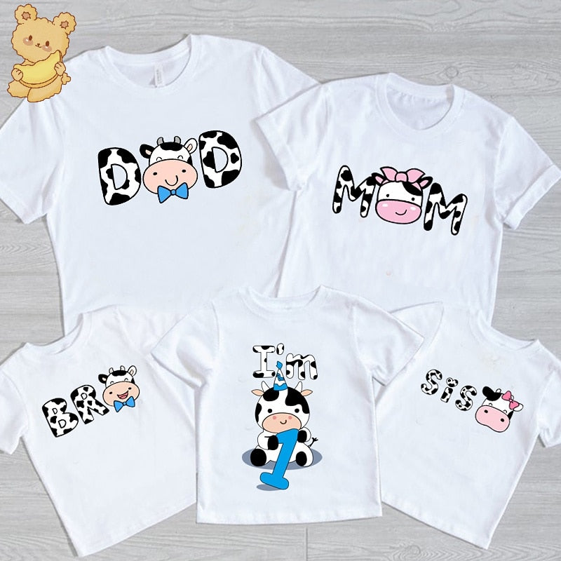 Baby Cow Birthday Party T Shirt Family Outfit Matching Clothes Holiday Look Father Mother Kids Shits 1 Year First Birthday Shirt - myfunfarm