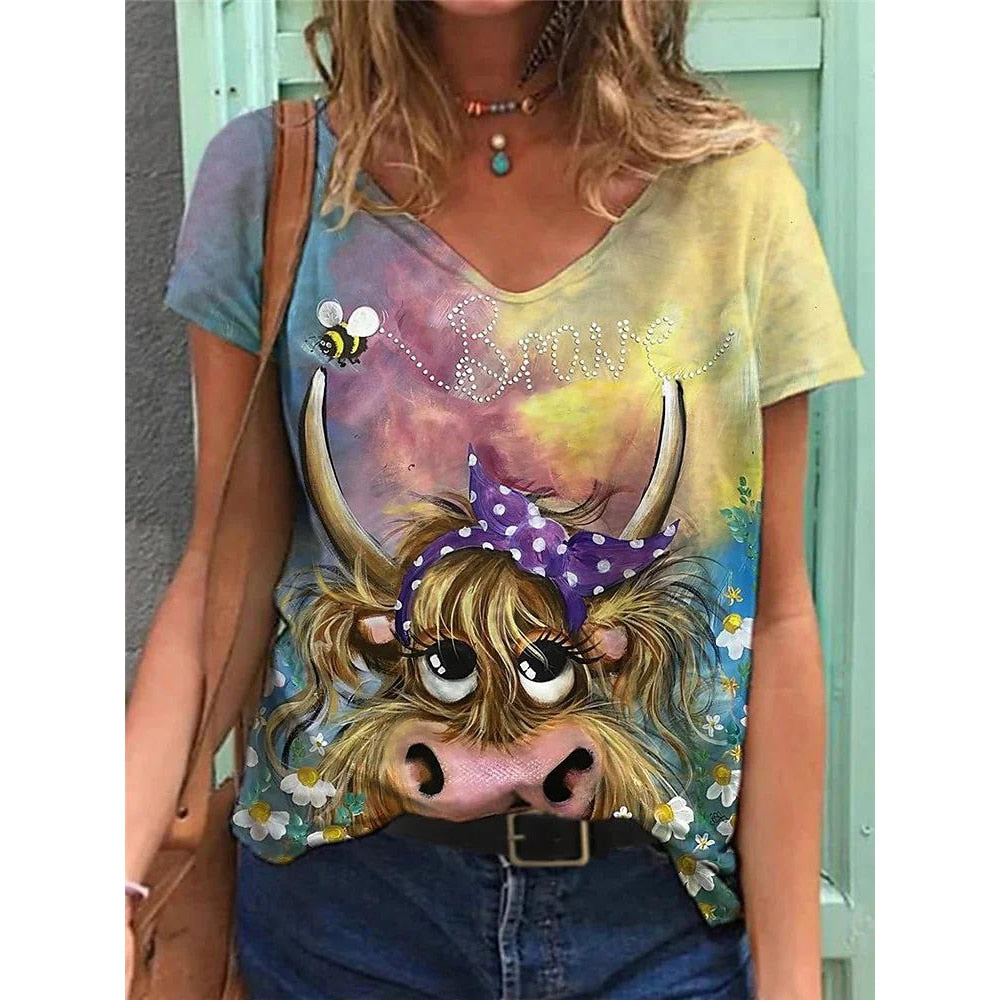 V-Neck T Shirt For Women-Cute Cow Print Oversized Shirt Sleeve Summer - myfunfarm