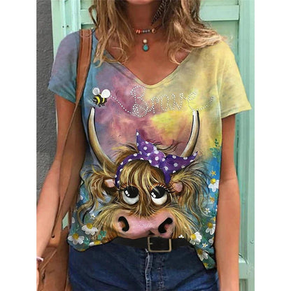V-Neck T Shirt For Women-Cute Cow Print Oversized Shirt Sleeve Summer - myfunfarm