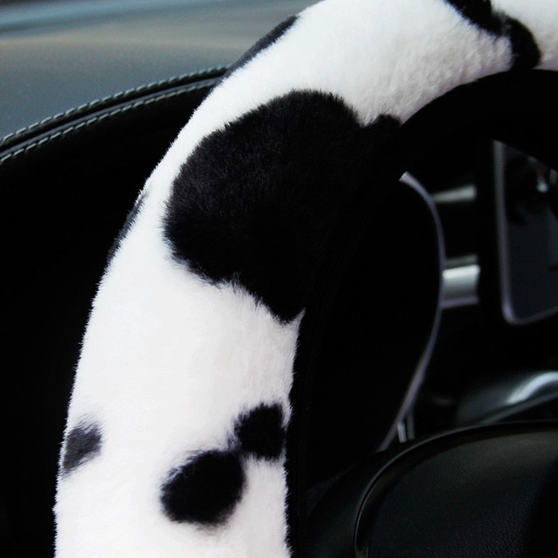 Cow Pattern Soft Plush Car Steering Wheel Cover, Hand Brake Gear Cover Set 37-38Cm - myfunfarm