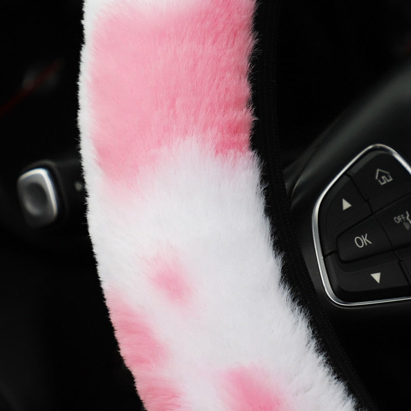 Cow Pattern Soft Plush Car Steering Wheel Cover, Hand Brake Gear Cover Set 37-38Cm - myfunfarm